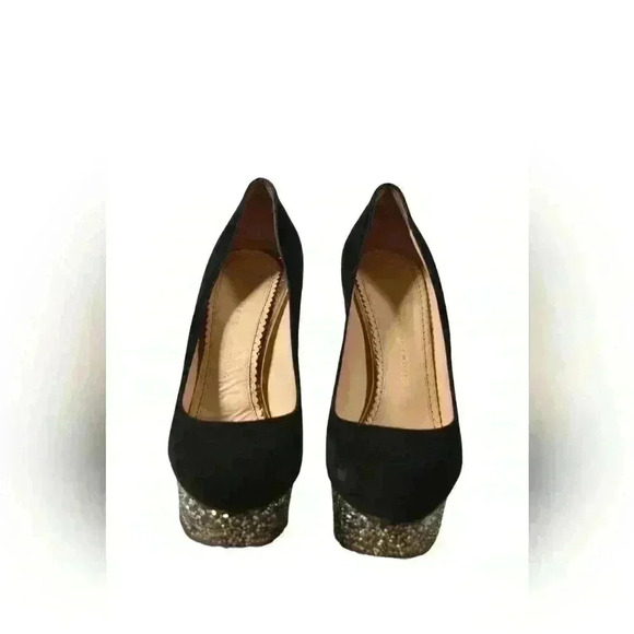 CHARLOTTE OLYMPIA Black Rhinestone Dolly High Heel Suede  Pumps 39.5EU Italy - Picture 4 of 7